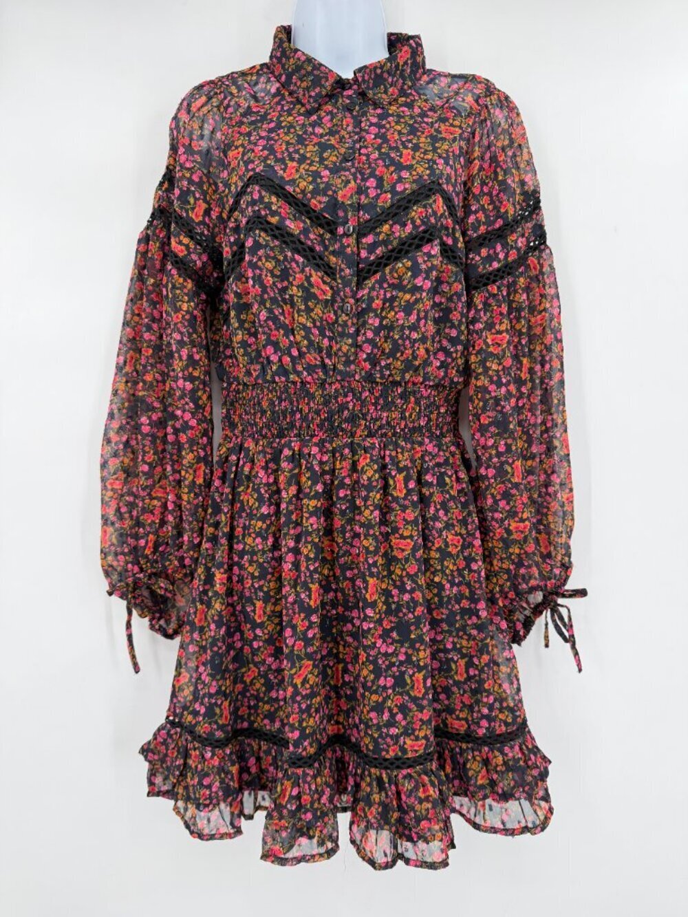 Topshop Women’s Floral Smocked Waist Mini Dress Black Pink Boho 4 NWOT